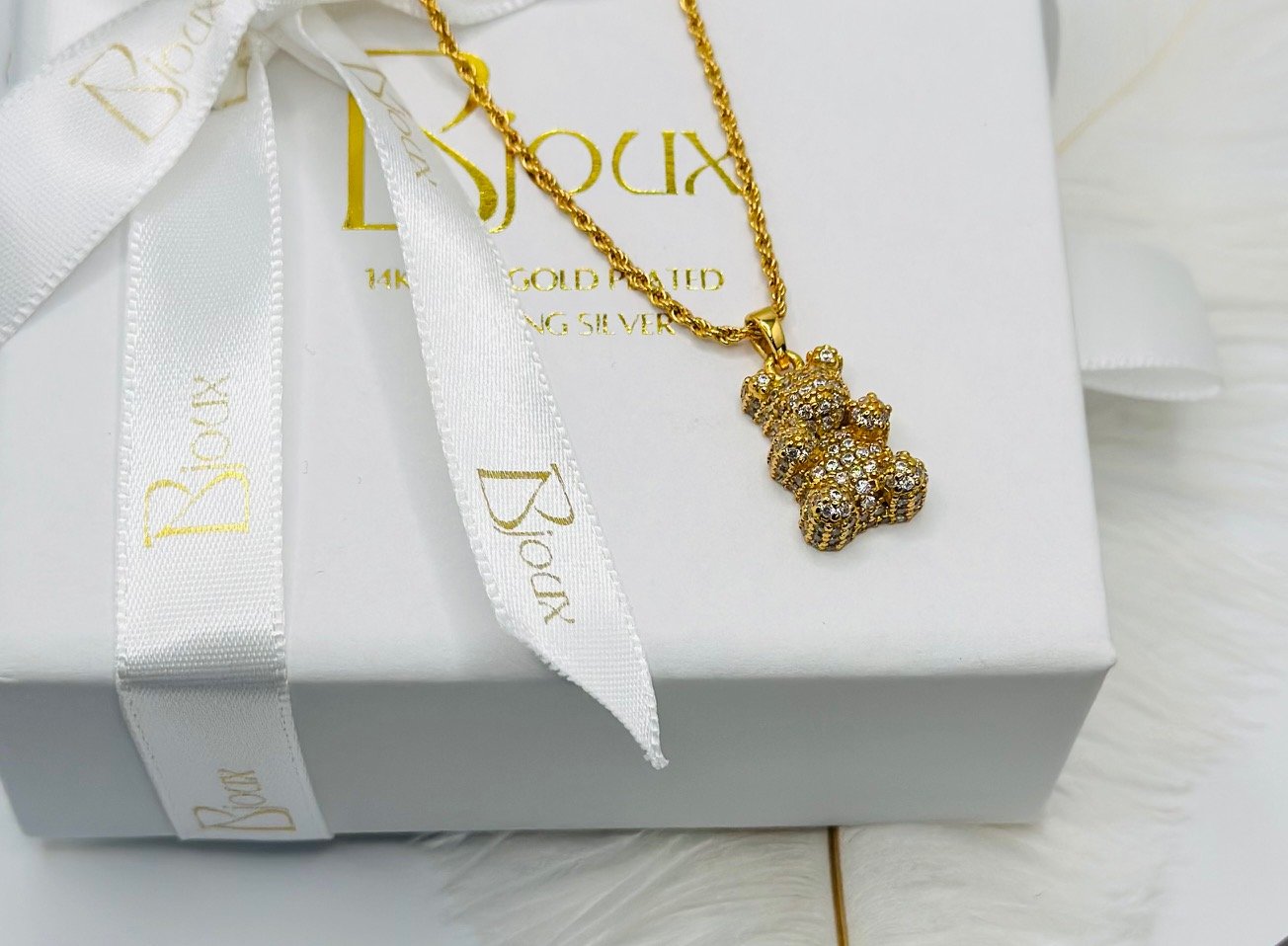 teddy bear necklace, 18k gold plated, s925 sterling silver, beautiful custom jewelry packaging
