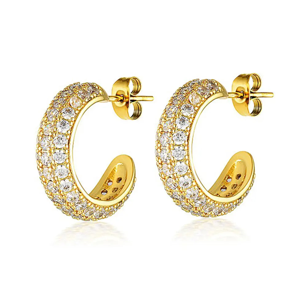 cubic zirconia hoops, medium sized hoops, sterling silver, 18k gold plated , satin pouch,