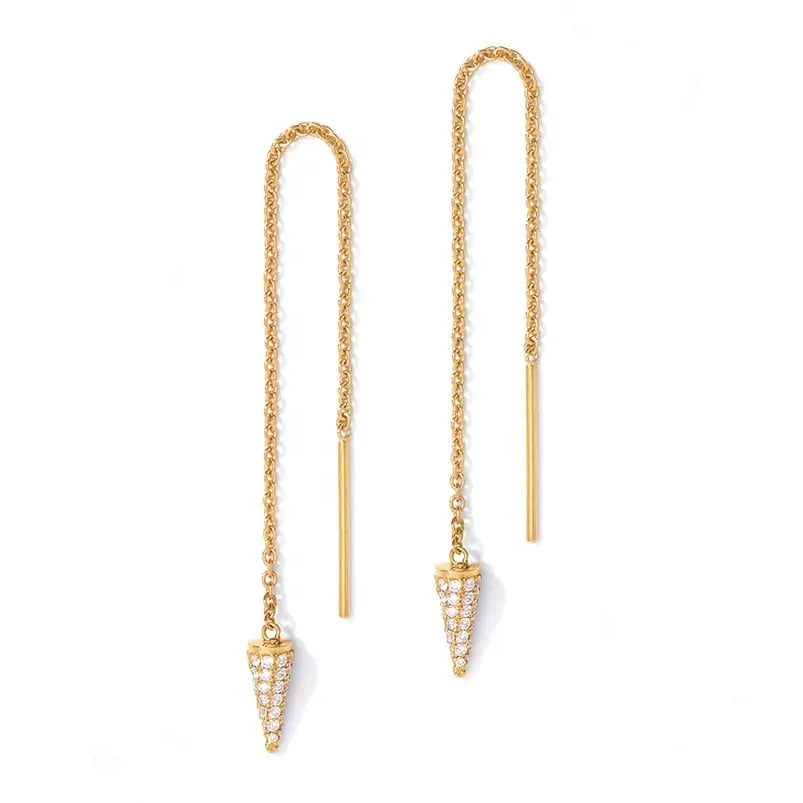 Long dangle chain earrings featuring a stunning spike at one end of each earring.  The earrings are sterling silver and coated in 18k gold.